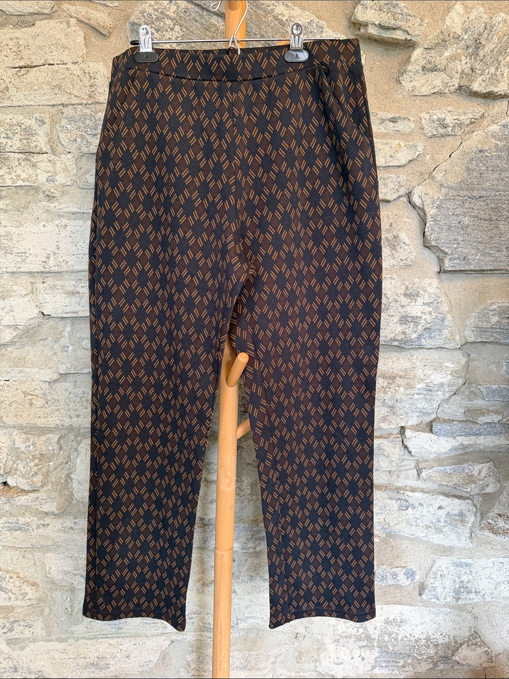 70’s vibe navy and brown diamond pattern pants